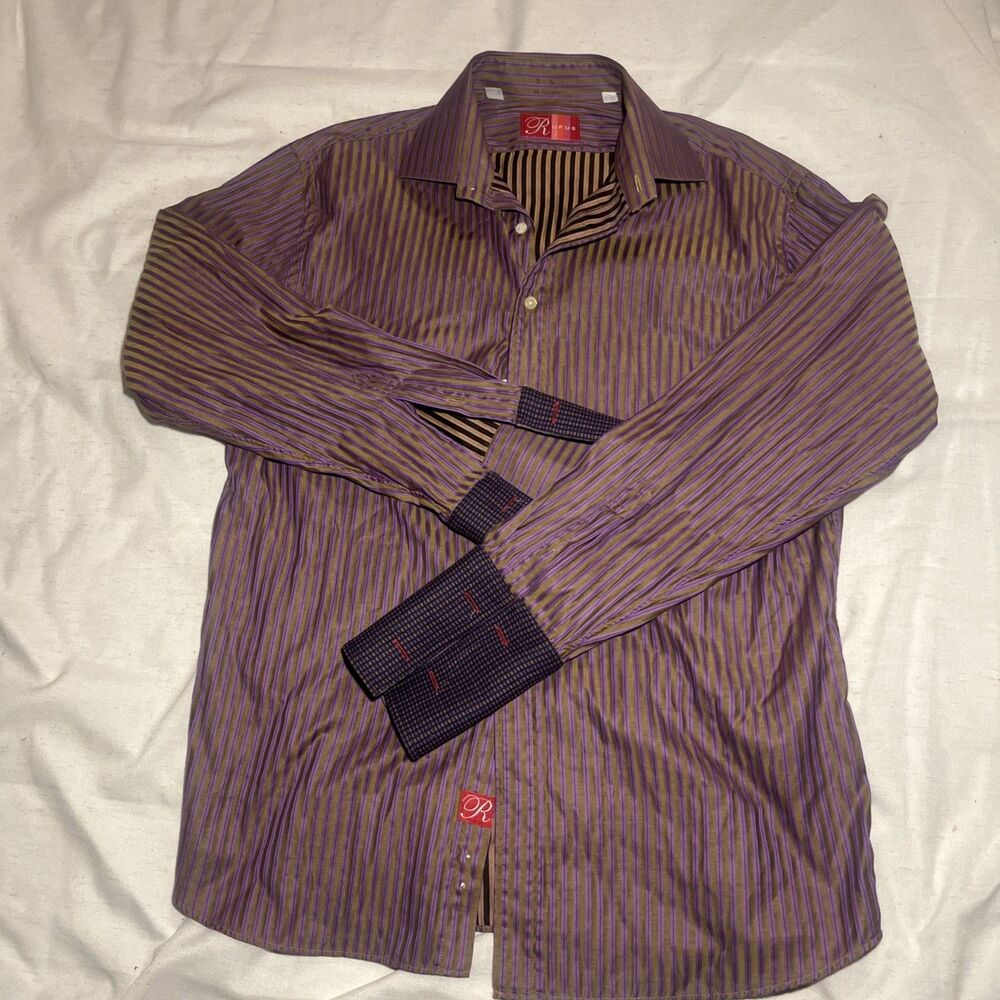 Vtg Rufus Dress Shirt Men's L Purple Striped ButtonUp Made In USA Flip Cuff